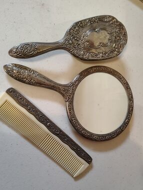 Antique-Style Silver Plated Hand Mirror and Brush Set Elegant Ornate Design